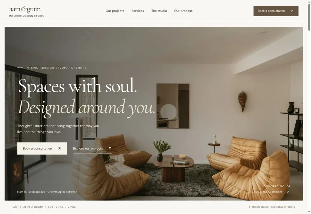 Aara and Grain interior design website homepage